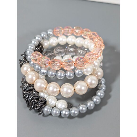 Pink Gray Faux Pearl Beaded Coil Bracelet Gray Metal Chain Wide 7.5" - Picture 3 of 9